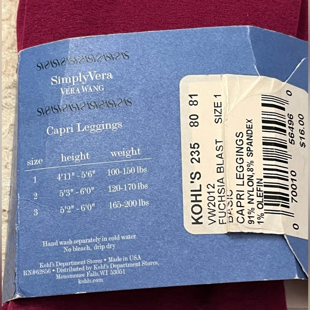 SimplyVera/Women’s Capri leggings, size 1, fuchsia